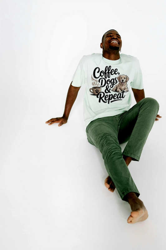 Coffee Dogs Repeat Graphic Tee – Funny Dog Lover Shirt