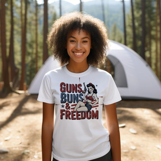Guns Buns And Freedom Funny Patriotic Workout Shirt