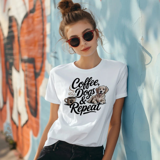 Coffee Dogs Repeat Graphic Tee – Funny Dog Lover Shirt