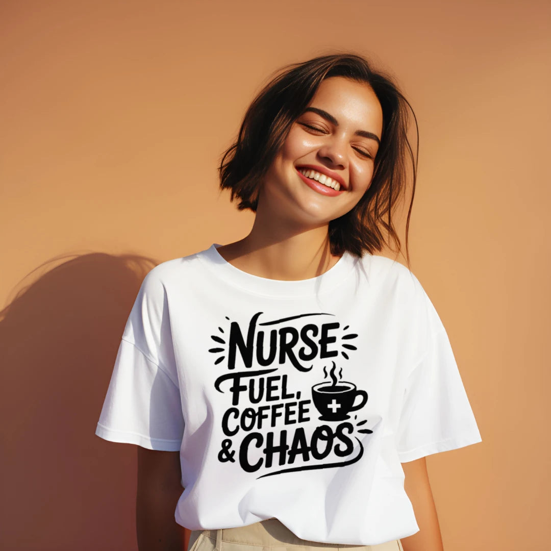 Nurse Fuel Coffee & Chaos Funny Nurse T-Shirt